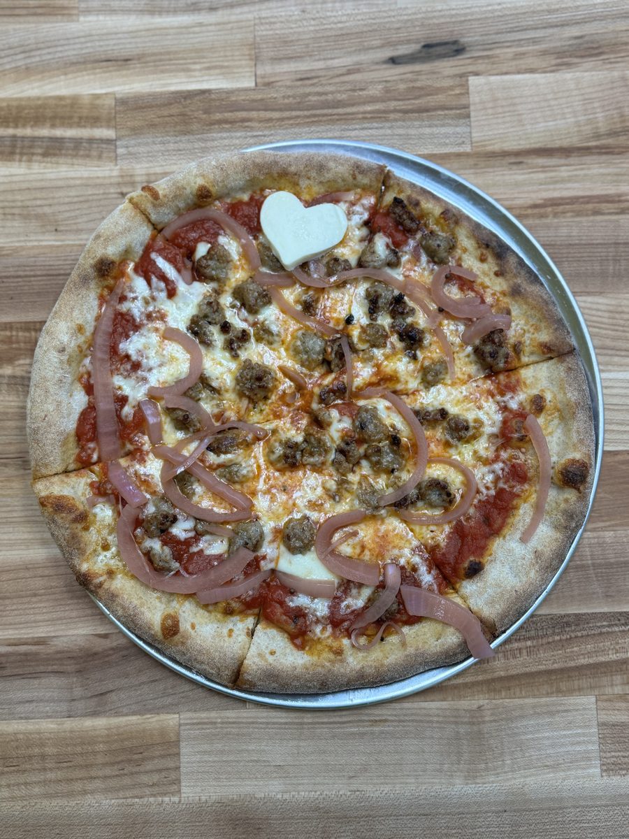 Leolo sausage pizza with roasted red peppers